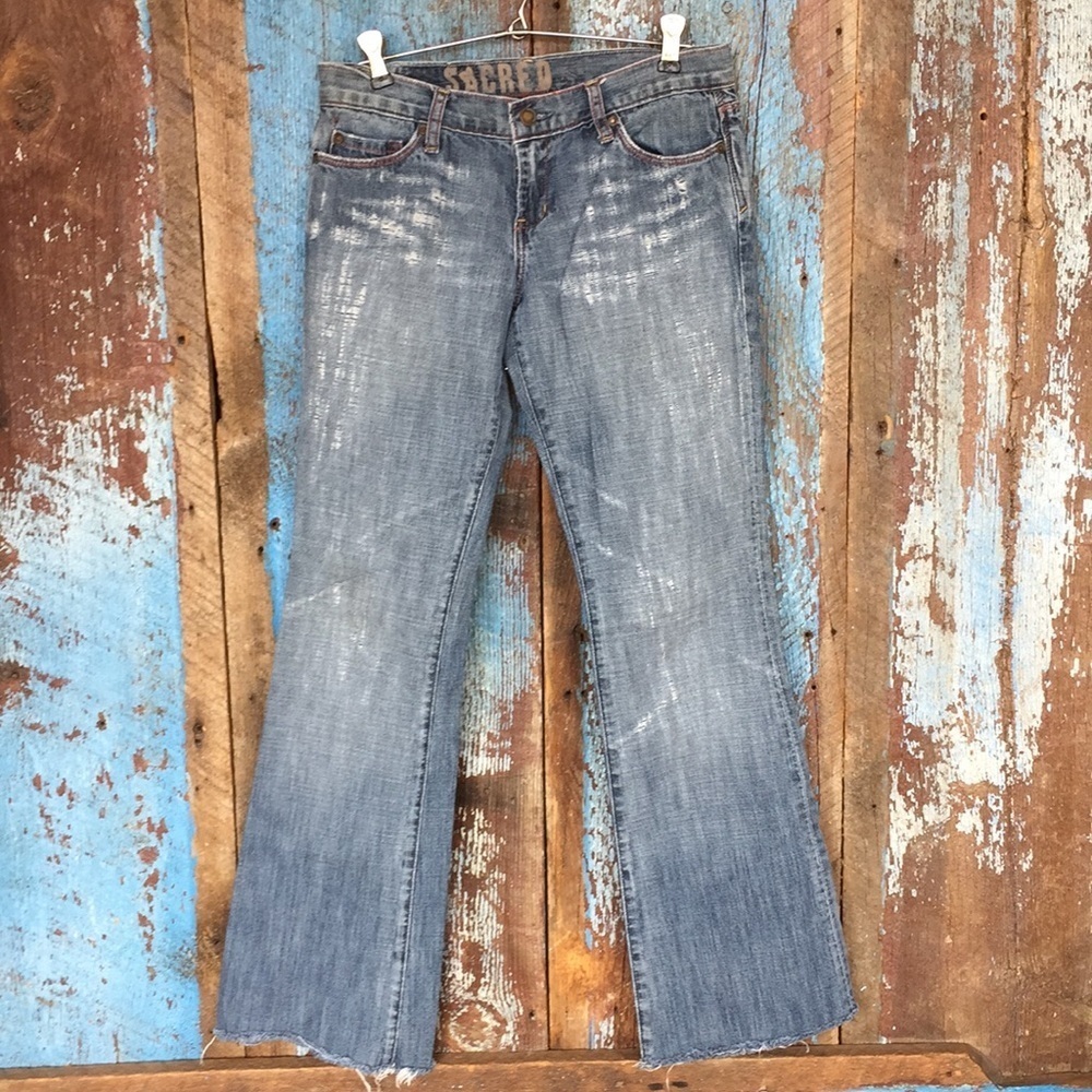 Sacred Blue Bootcut Distressed Raw Hem Jeans
